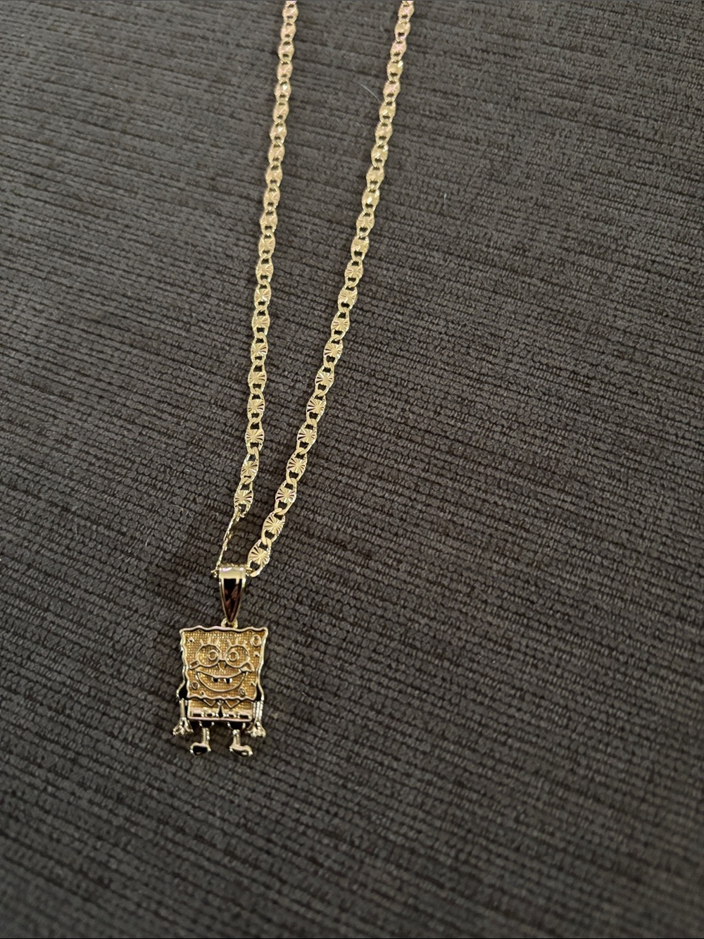 Gold Sponge Bob Character Pendant Necklace on a Valentino chain.- 18 inch